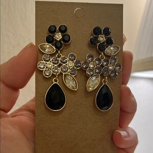Gold-Tone Black Crystal Drop Floral Statement Earrings